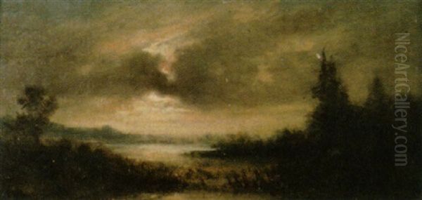 Nachtlich Seeuferpartie Oil Painting by Jules Dupre