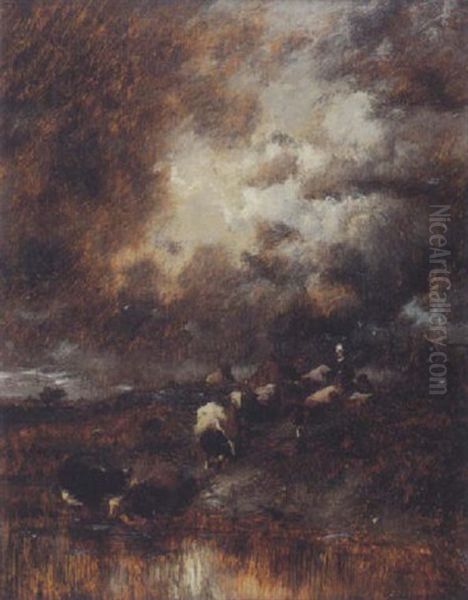 Landschaft Mit Kuhherde An Der Tranke Bei Aufziehendem Gewitter Oil Painting by Jules Dupre