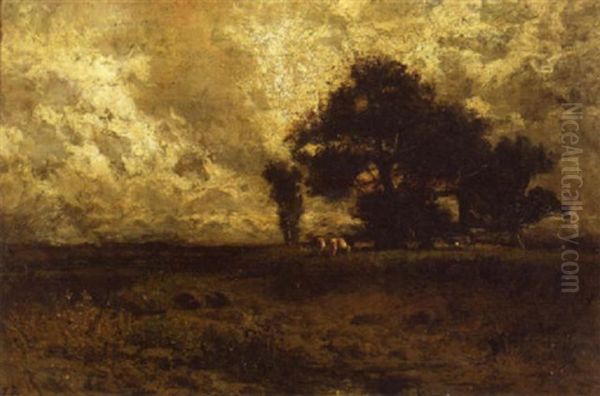 An Extensive Landscape With Cattle Grazing Under A Cloudy Sky Oil Painting by Jules Dupre