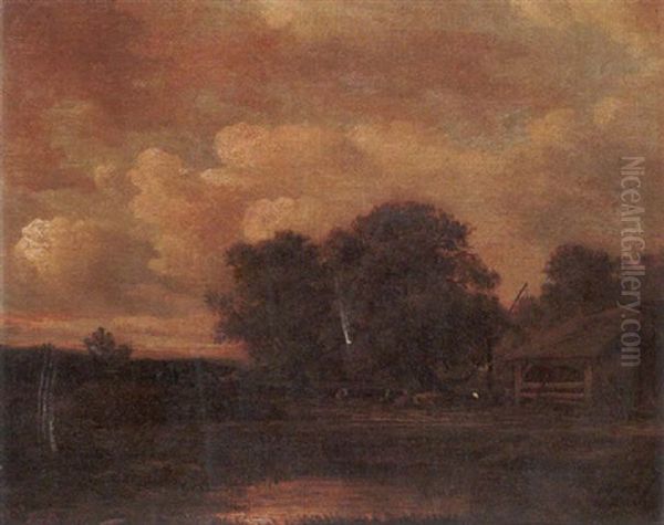 Cattle Near A Barn In A Landscape Oil Painting by Jules Dupre