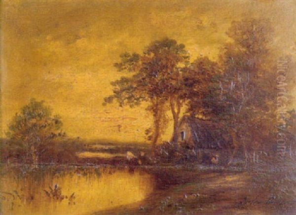 Personnage Et Maison Au Bord D'un Etang Oil Painting by Jules Dupre