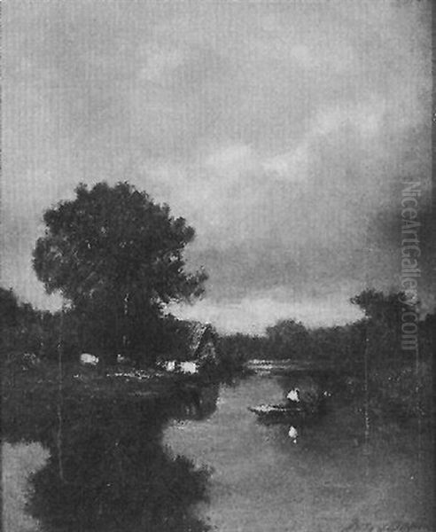 A River Landscape With A Figure In A Boat And A House With Cattle In A Field by Jules Dupre