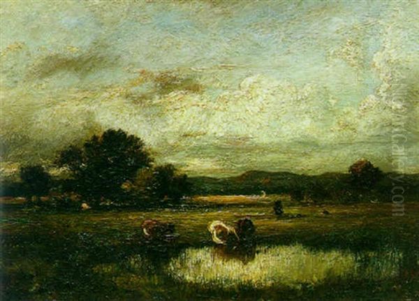 A Pastoral Landscape With Cows Watering At A Pond In The Foreground Oil Painting by Jules Dupre