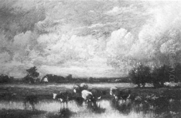 Cattle Watering In A Meadow Pond by Jules Dupre