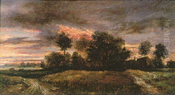 La Ferme, Soleil Couchant Oil Painting by Jules Dupre