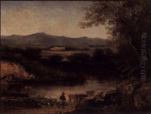 Figure And Cattle By A Stream Oil Painting by Jules Dupre