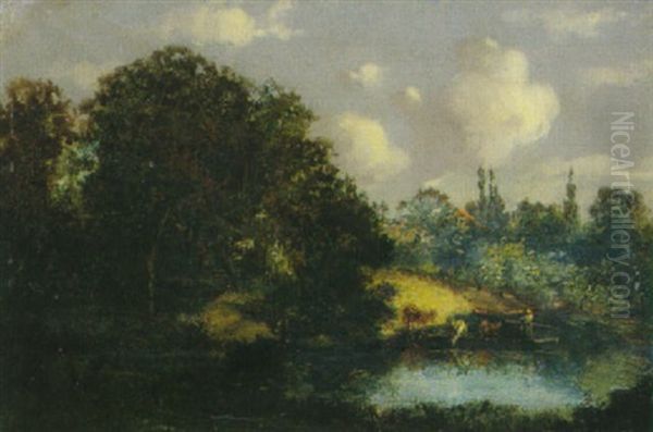 Bewaldete Flusslandschaft Mit Kuhhirtin In Kleiner Fahre Oil Painting by Jules Dupre