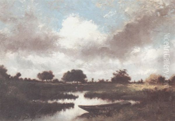 A Landscape After Summer Storms With A Dinghy In A Stream In The Foreground Oil Painting by Jules Dupre