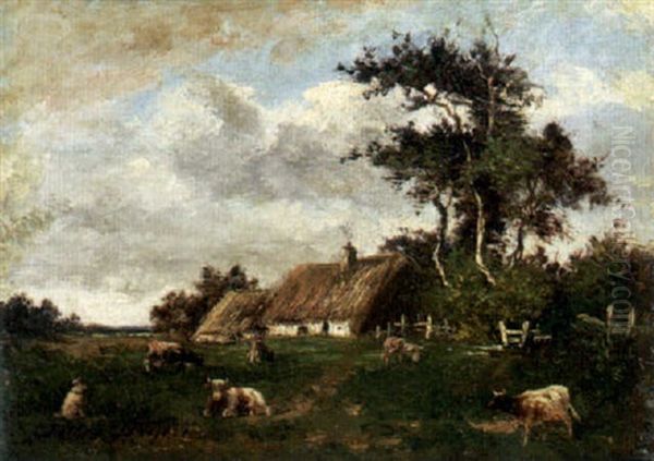 Cows Grazing By A Thatched Cottage Oil Painting by Jules Dupre