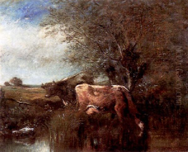 Cattle Drinking At A Pool In A Landscape Oil Painting by Jules Dupre