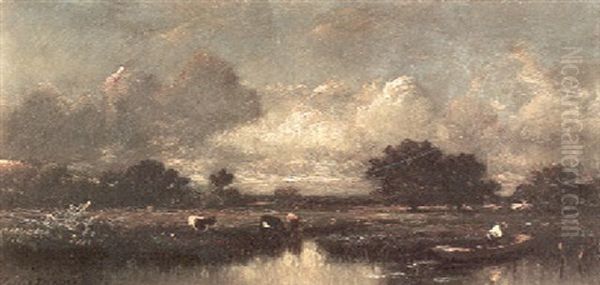 An Extensive Pastoral Landscape With Cows Watering, A Figure In A Dinghy On A Lake And A Storm Threatening Overhead Oil Painting by Jules Dupre