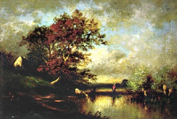 Troupeau A La Mare Aux Environs De Pontoise Oil Painting by Jules Dupre