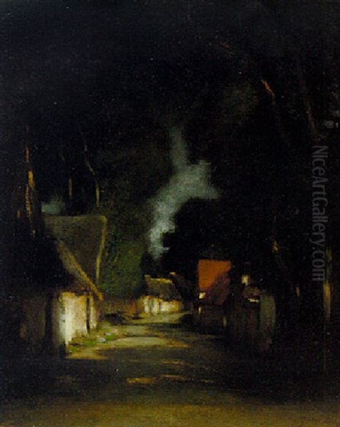 Village In The Moonlight Oil Painting by Jules Dupre