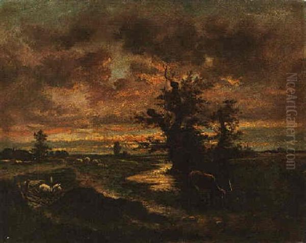 A Brooding Landscape With Cows And Sheep Oil Painting by Jules Dupre