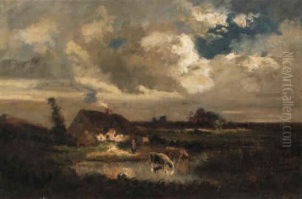 Landschaft Mit Kuhen An Der Tranke Oil Painting by Jules Dupre