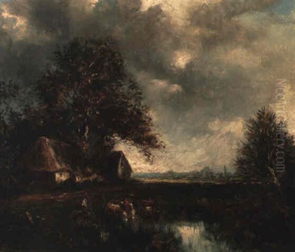 Cattle Watering At A Pool Oil Painting by Jules Dupre