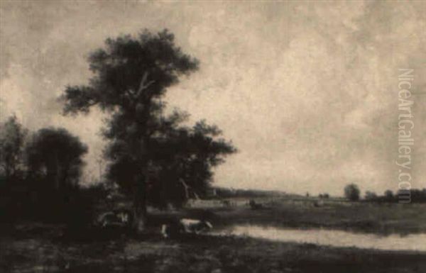 Cows Resting In A Summer Landscape Oil Painting by Jules Dupre