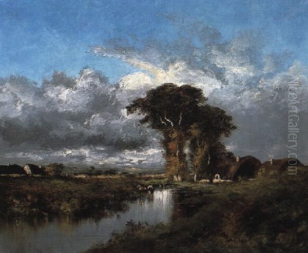 A River Landscape With Cottages Oil Painting by Jules Dupre