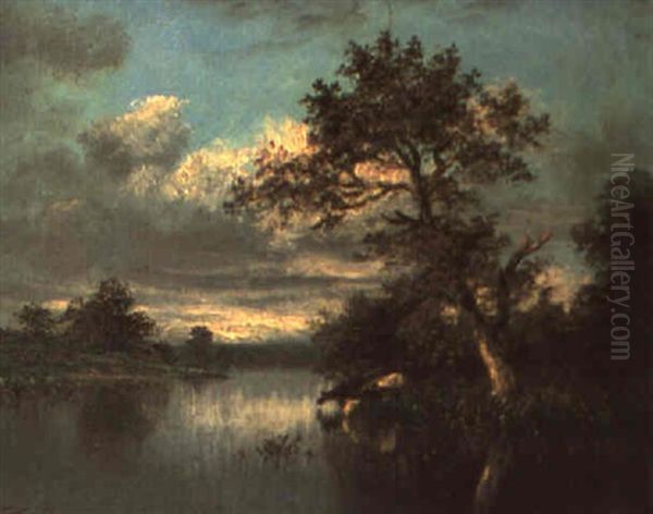 Cattle At A Wooded River Oil Painting by Jules Dupre