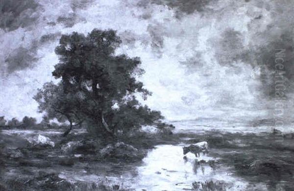 Landscape With Cattle Watering Oil Painting by Jules Dupre