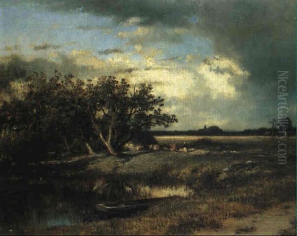 Regenwolken Uber Einer Franzosischen Teichlandschaft Oil Painting by Jules Dupre