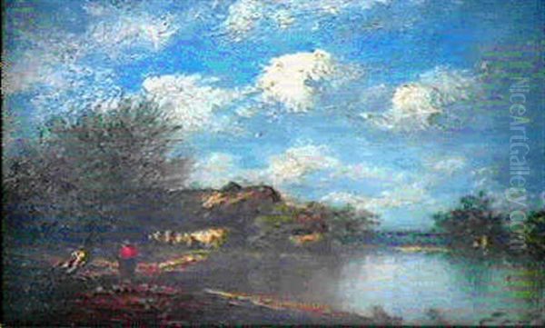 Bord De Riviere Animee Oil Painting by Jules Dupre