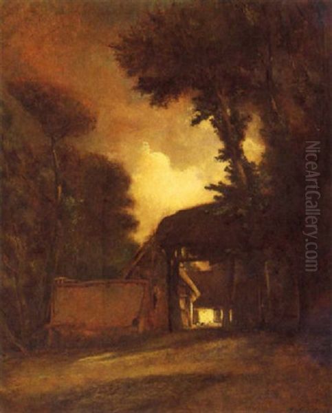 Bauernhaus In Abenddammerung Oil Painting by Jules Dupre