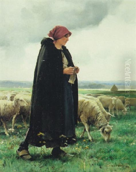 A Shepherdess With Her Flock Oil Painting by Jules Dupre