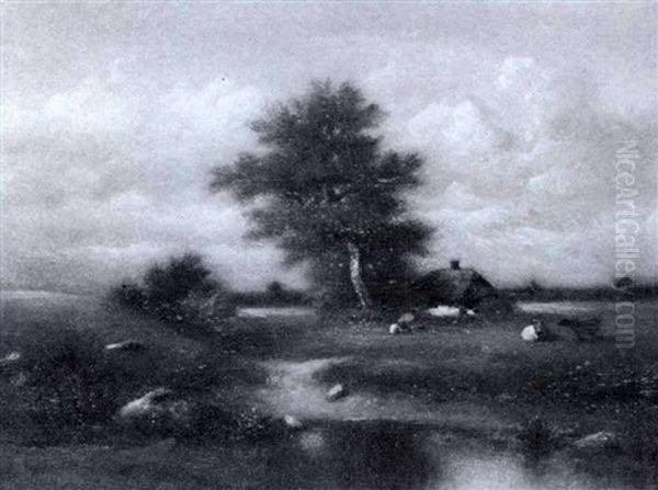 Landscape With Farmhouse By A Pond Oil Painting by Jules Dupre