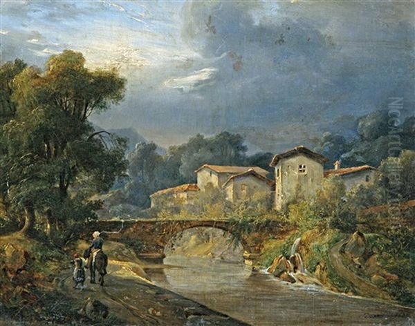 Riverbank With Figures Oil Painting by Francois Joseph Dupressoir