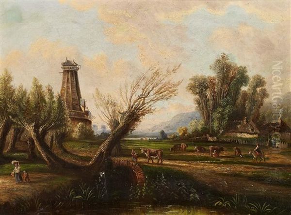 Zwei Gemalde Mit Pastoralen Landschaften Oil Painting by Francois Joseph Dupressoir