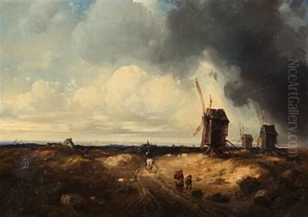 A Storm Coming Up. Coastal Landscape With Windmills And People On A Road Oil Painting by Francois Joseph Dupressoir