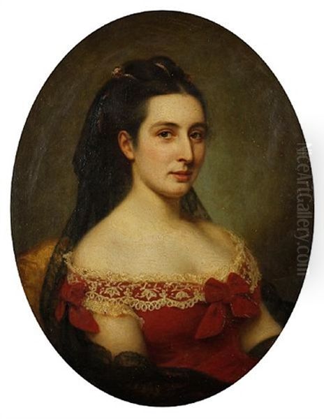 Portrait Of A Lady In A Red Dress With Lace Trim Oil Painting by Phillipe Felix Dupuis