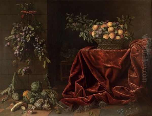 Panier De Peches, De Prunes Et D'amandes Fraiches Sur Un Entablement Recouvert D'un Velours Rouge Et Branche De Prunes Oil Painting by Pierre Dupuis