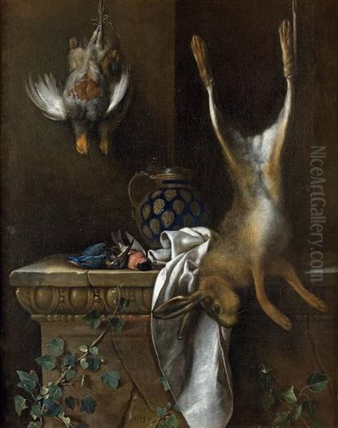 Nature Morte Aux Perdrix, Martins Pecheurs, Pichet, Linge Et Lapin Sur Un Entablement Oil Painting by Pierre Dupuis