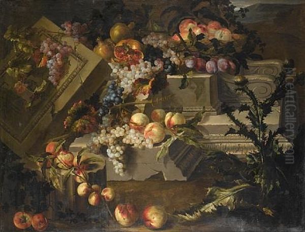 Peaches, Grapes, Plums And Pomegranates On A Stone Plinth Oil Painting by Pierre Dupuis