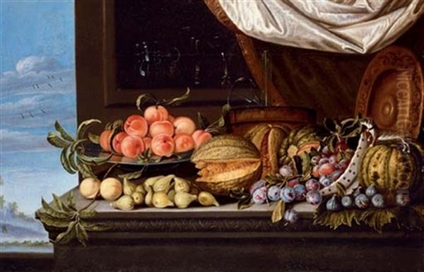 Plums In A Bowl, Peaches On A Silver Charger, Melons And Figs, On A Stone Ledge With Glass Vessels On A Shelf And A Landscape Beyond by Pierre Dupuis