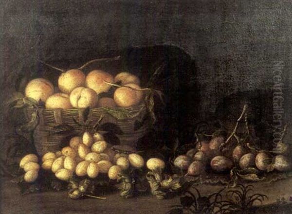 Nature Morte Au Panier De Peches, De Prunes Et De Noisettes Oil Painting by Pierre Dupuis