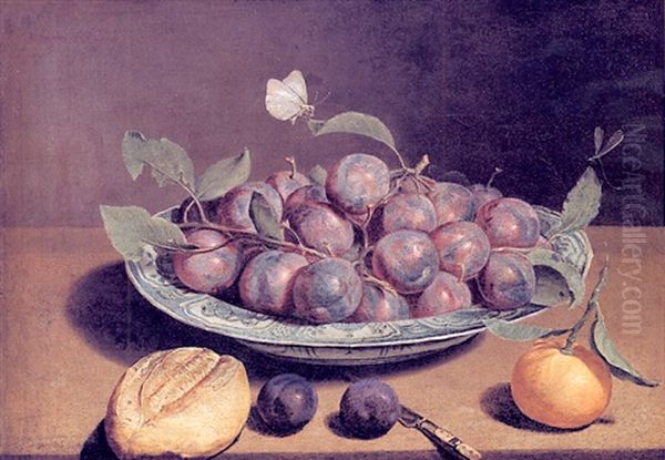 Coupe De Prunes Et Fruits Sur Un Entablement Oil Painting by Pierre Dupuis