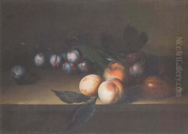 A Still Life Of Plums, Peaches And A Fig On A Wooden Table Oil Painting by Pierre Dupuis