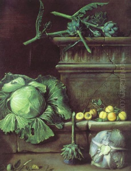 Nature Morte Aux Choux, Artichauts Et Abricots Sur Un Entablement Oil Painting by Pierre Dupuis