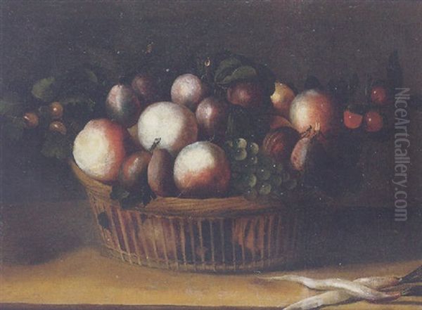 Still Life Of Fruit In A Wicker Basket, With French Radishes, All Upon A Stone Ledge Oil Painting by Pierre Dupuis