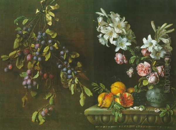 Nature Morte A La Branche De Prunier Suspendue A Un Mur, Grenades Et Vase De Lys Sur Un Entablement Sculpte by Pierre Dupuis