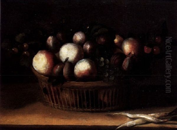 A Still Life Of Peaches, Plums, Grapes,and Other Fruit In A Wicker Basket, With French Radishes, All Upon A Stone Ledge Oil Painting by Pierre Dupuis