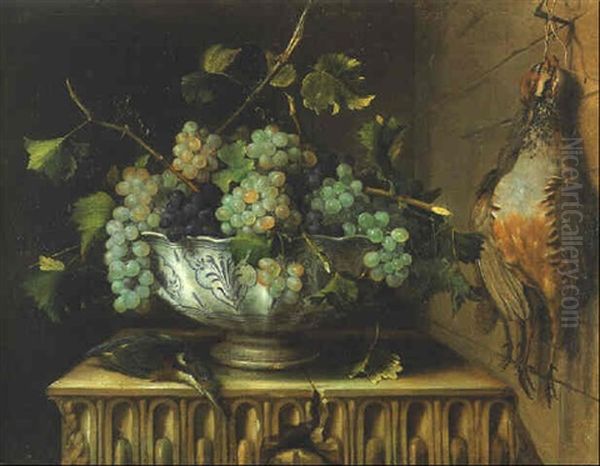 Grapes In A Bowl With A Dead Kingfisher On A Stone Ledge And A Brace Of Partridge Hanging On A Wall Oil Painting by Pierre Dupuis