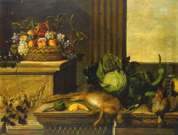 Fruit In A Wicker Basket With Figs On A Plinth, Dead Game, A Cabbage, A Melon, A Gourd And An Artichoke On A Stone Ledge, A Window Beyond Oil Painting by Pierre Dupuis