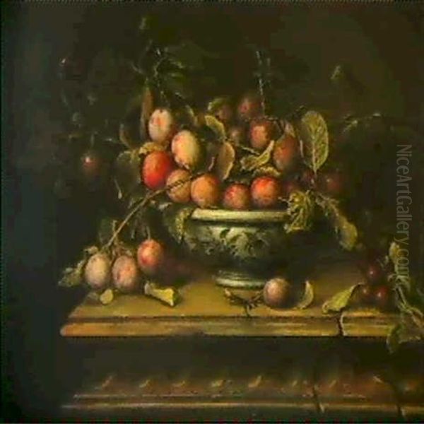 Prunes Dans Une Coupe En Faience Sur Un Entablement A Decor D'oves Oil Painting by Pierre Dupuis