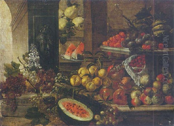 Still Life Of Grapes Apples And Other Fruits, A Glass Decanter, All Arranged On A Various Stones Ledges Oil Painting by Pierre Dupuis