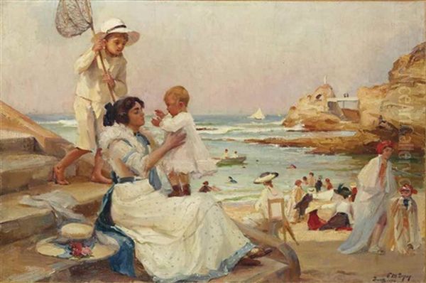 La Plage A Biarritz Oil Painting by Paul Michel Dupuy