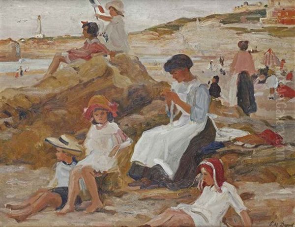 Children Playing On The Beach Of Biarritz Oil Painting by Paul Michel Dupuy